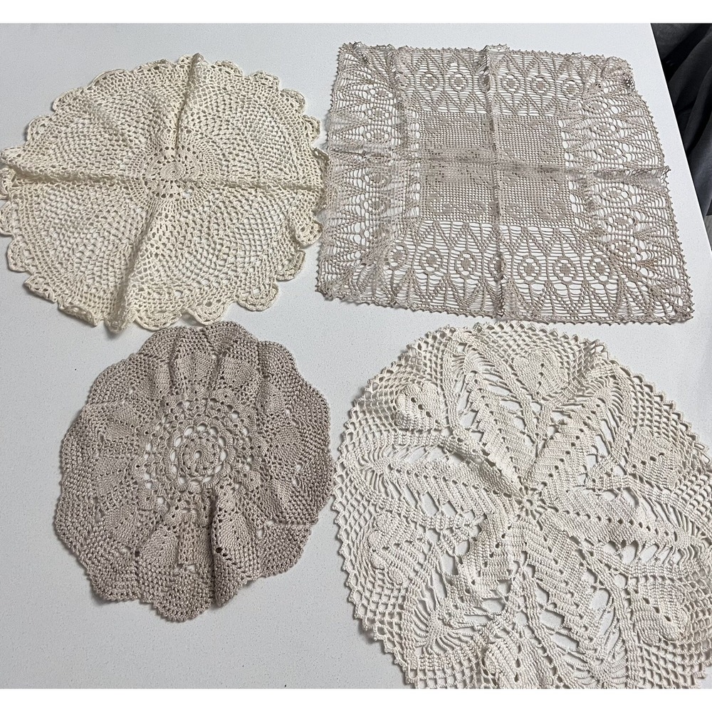 Lot of‎ Four Vintage Crocheted Doilies Various Sizes Colors Shapes
